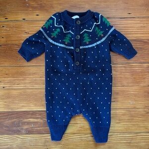 Hanna Andersson 0-3m winter knit jumpsuit baby holiday romper trees blue green